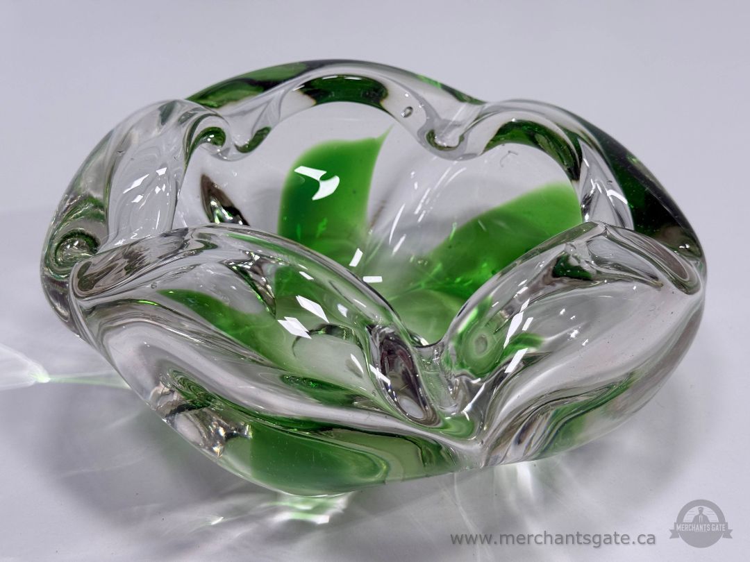 Vintage Japanese Green Clear Art Glass Bowl Heavy 8"