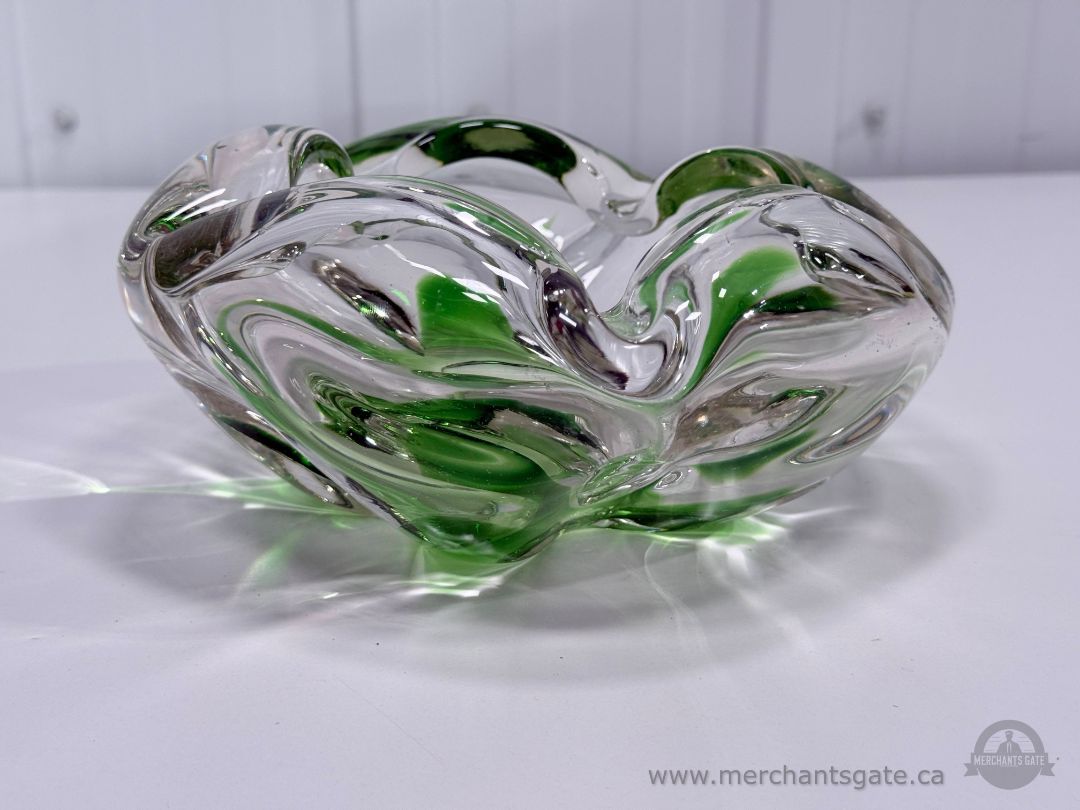 Vintage Japanese Green Clear Art Glass Bowl Heavy 8"