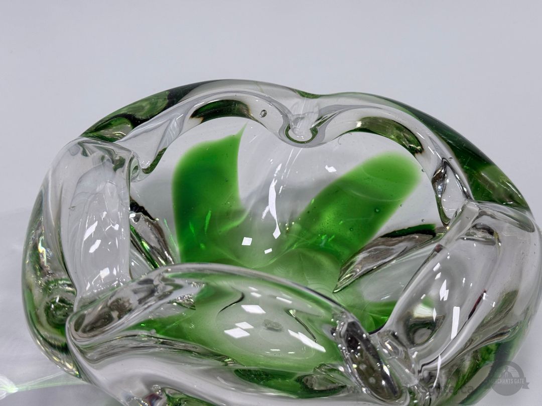 Vintage Japanese Green Clear Art Glass Bowl Heavy 8"