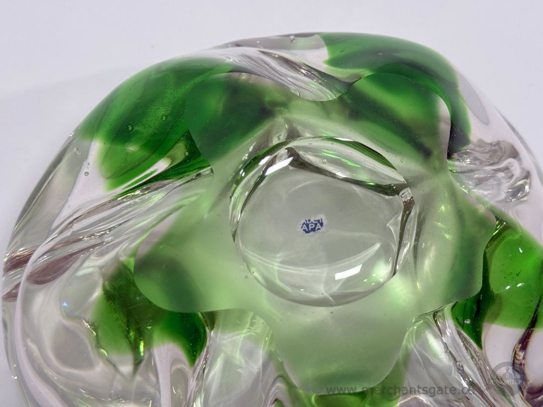 Vintage Japanese Green Clear Art Glass Bowl Heavy 8"