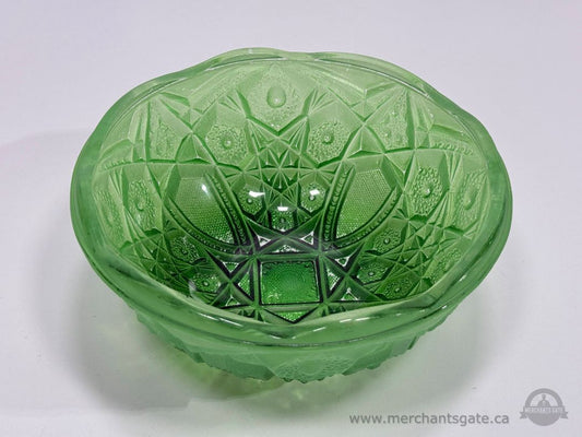 Vintage Green Depression Style Pressed Glass Bowl Starburst Pattern Serving Dish