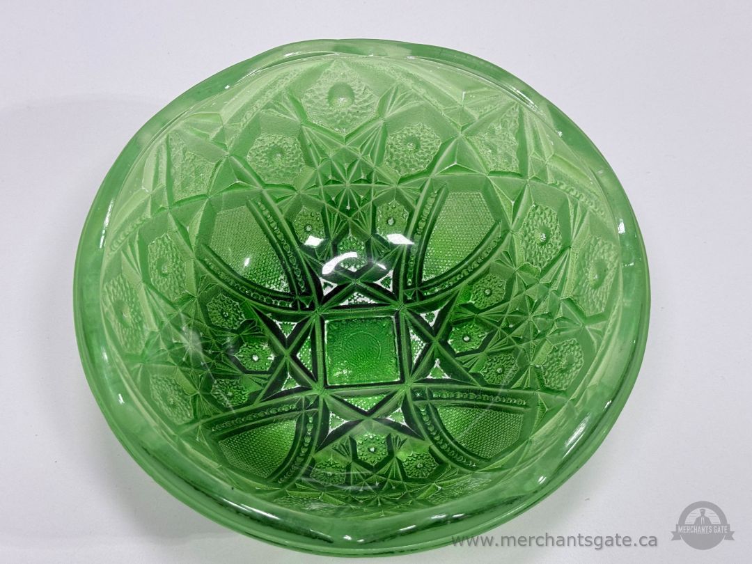Vintage Green Depression Style Pressed Glass Bowl Starburst Pattern Serving Dish