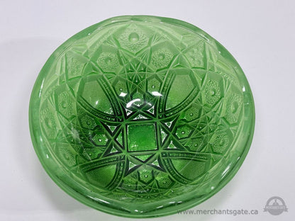 Vintage Green Depression Style Pressed Glass Bowl Starburst Pattern Serving Dish