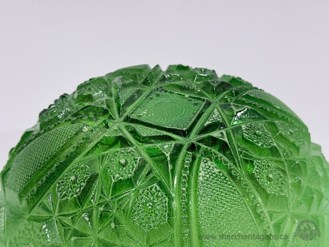 Vintage Green Depression Style Pressed Glass Bowl Starburst Pattern Serving Dish