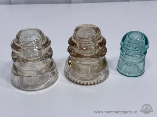 Vintage Glass Insulators Dominion Clear and Aqua Electrical Line Insulators Lot of 3