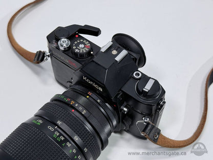 Konica Autoreflex T4 35mm SLR Film Camera with Vivitar 70 210mm Lens Strap