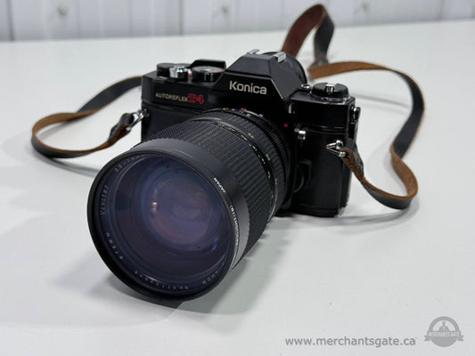 Konica Autoreflex T4 35mm SLR Film Camera with Vivitar 70 210mm Lens Strap