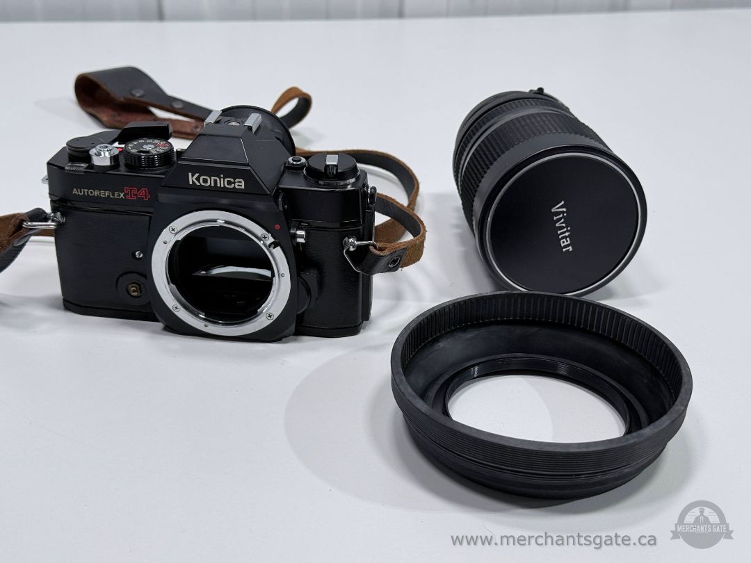 Konica Autoreflex T4 35mm SLR Film Camera with Vivitar 70 210mm Lens Strap