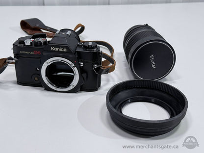 Konica Autoreflex T4 35mm SLR Film Camera with Vivitar 70 210mm Lens Strap