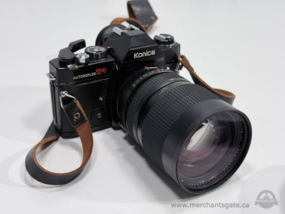 Konica Autoreflex T4 35mm SLR Film Camera with Vivitar 70 210mm Lens Strap