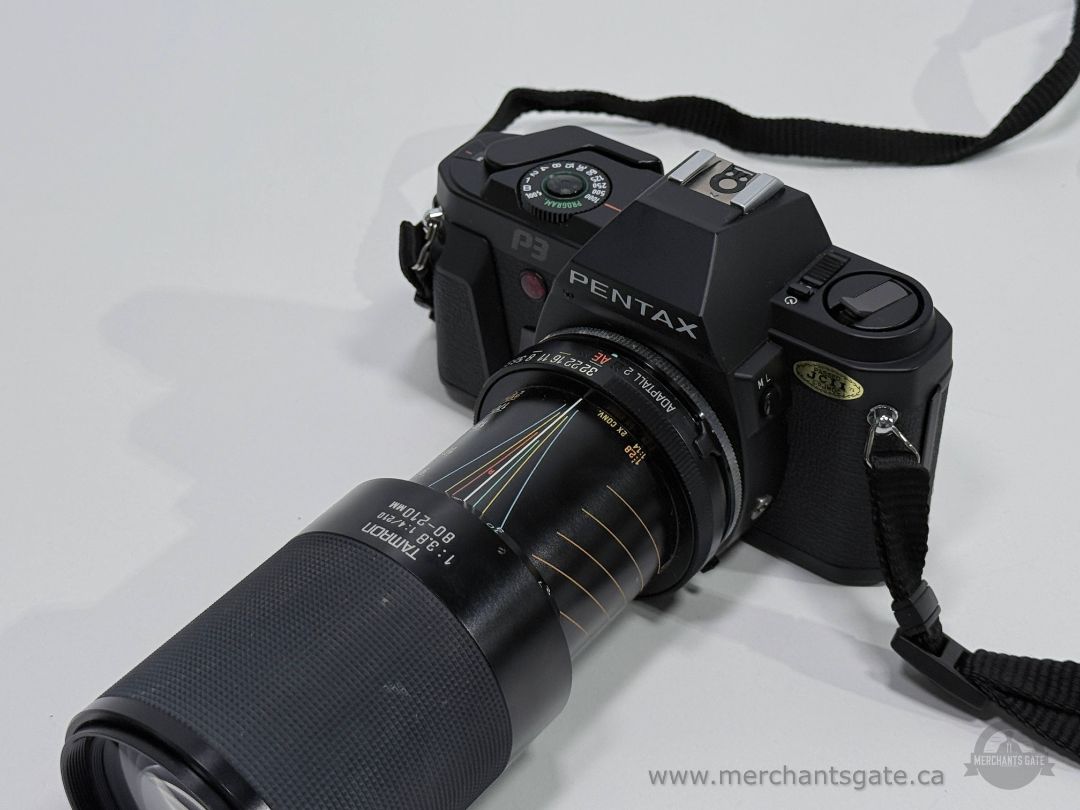 Pentax P3 35mm Film Camera with Tamron 80-210mm Telephoto Lens Strap and Case