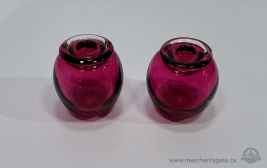 Set Of 2 Cranberry Glass Candle Holders Round Vintage Style Thick Rim 3.75"