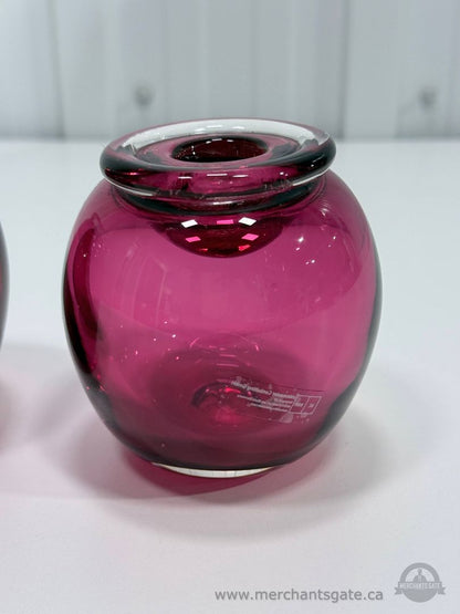 Set Of 2 Cranberry Glass Candle Holders Round Vintage Style Thick Rim 3.75"