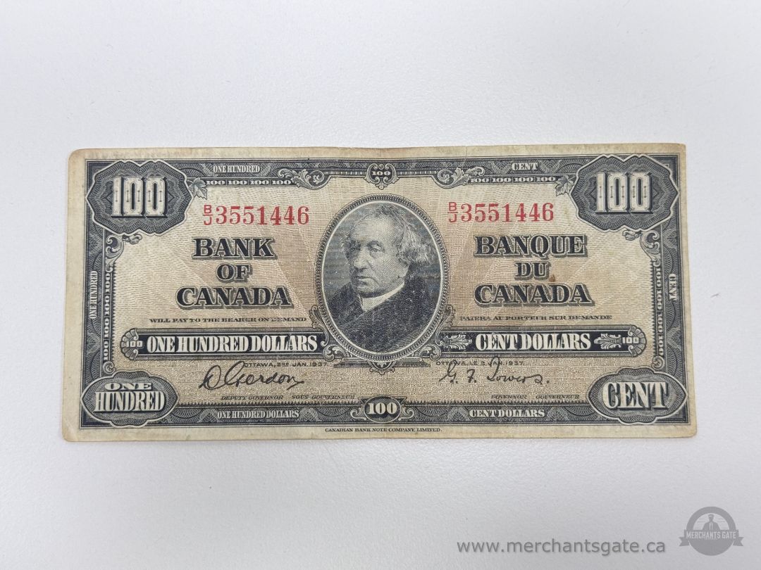1937 Bank of Canada $100 Note Gordon Towers B3551446 Vintage Canadian Banknote