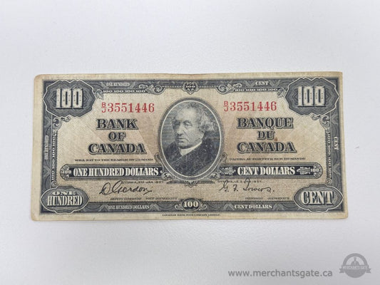 1937 Bank of Canada $100 Note Gordon Towers B3551446 Vintage Canadian Banknote