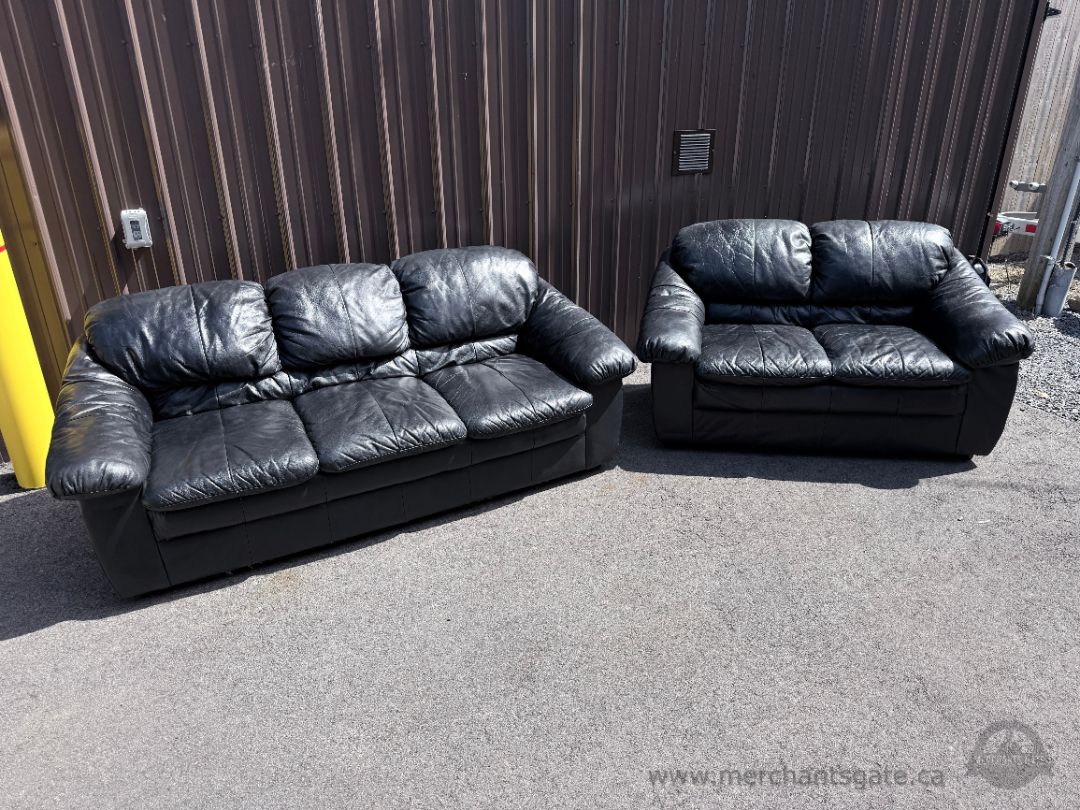 Black Vinyl Sofa & Loveseat Set – Leather Look, Deep Cushions, 2-Piece