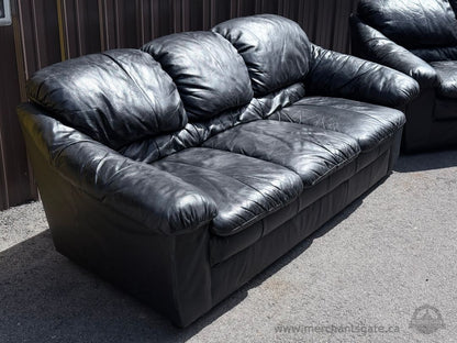 Black Vinyl Sofa & Loveseat Set – Leather Look, Deep Cushions, 2-Piece