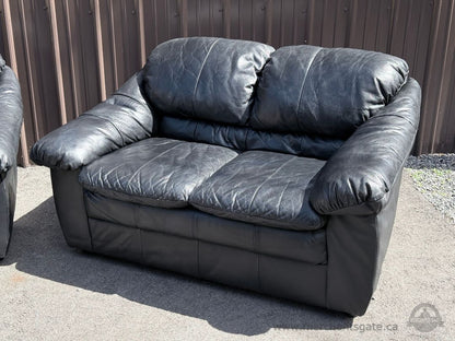 Black Vinyl Sofa & Loveseat Set – Leather Look, Deep Cushions, 2-Piece
