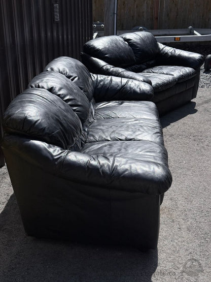 Black Vinyl Sofa & Loveseat Set – Leather Look, Deep Cushions, 2-Piece