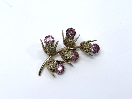 Vintage Floral Brooch Purple Rhinestone Gold Tone Filigree Pin 1960s