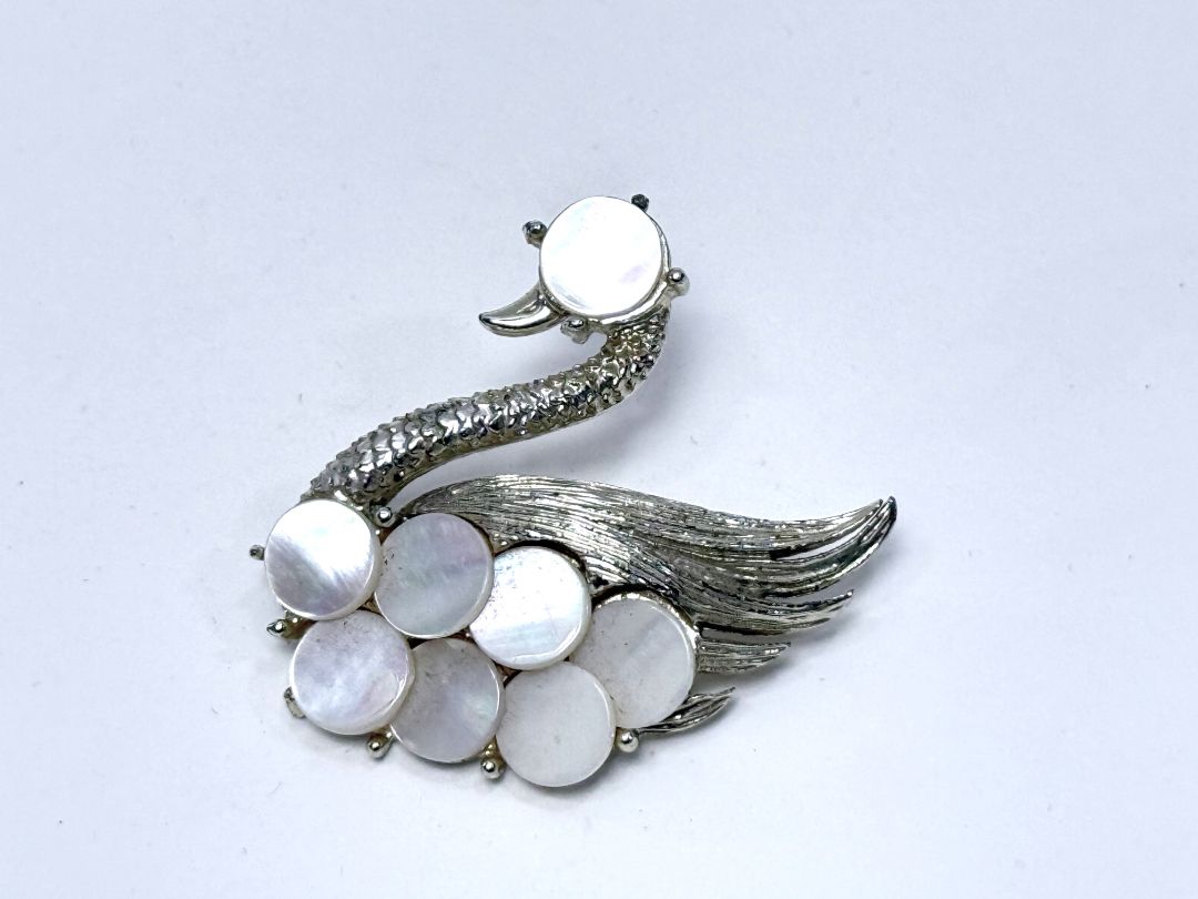 Vintage Swan Brooch Mother of Pearl Inlay Silver Tone Pin 1960s Jewelry