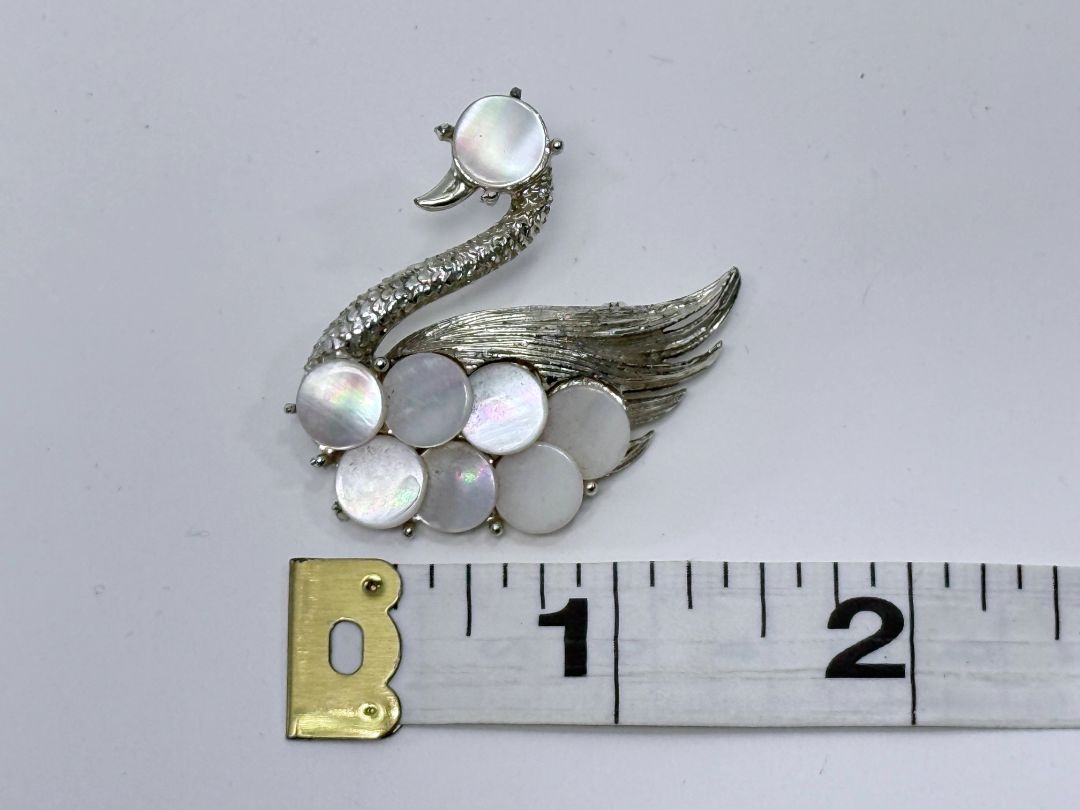 Vintage Swan Brooch Mother of Pearl Inlay Silver Tone Pin 1960s Jewelry