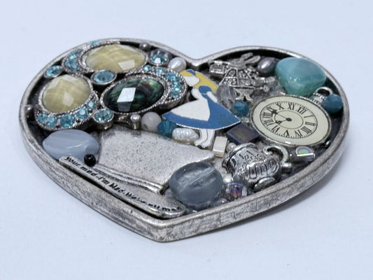 Alice In Wonderland Heart Pin Handmade Mixed Media Brooch One of A Kind Jewelry
