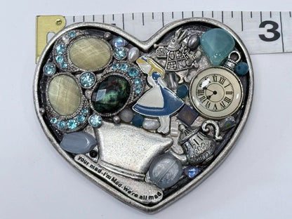 Alice In Wonderland Heart Pin Handmade Mixed Media Brooch One of A Kind Jewelry