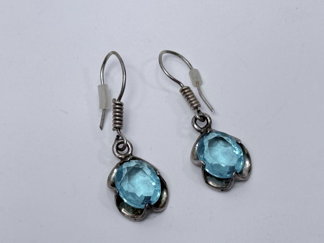 Sterling Silver Drop Earrings With Blue Oval Gemstones 925 Sterling