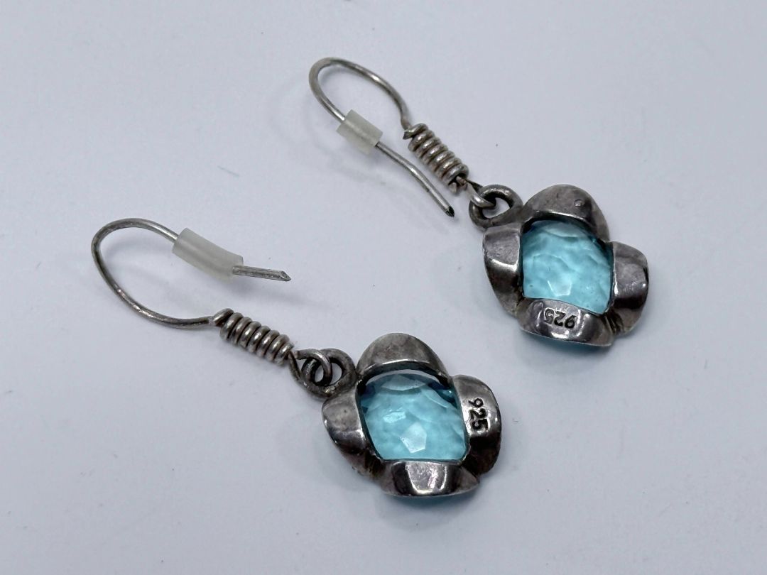 Sterling Silver Drop Earrings With Blue Oval Gemstones 925 Sterling