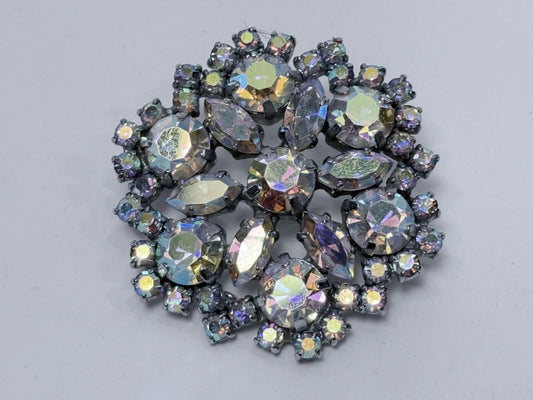 Vintage Snowflake Brooch Aurora Rhinestone Silver Tone Midcentury Pin 1960s