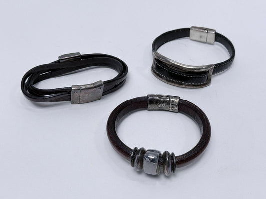 Set of Three Handmade Leather Bracelets with Magnetic Clasps, 1990s