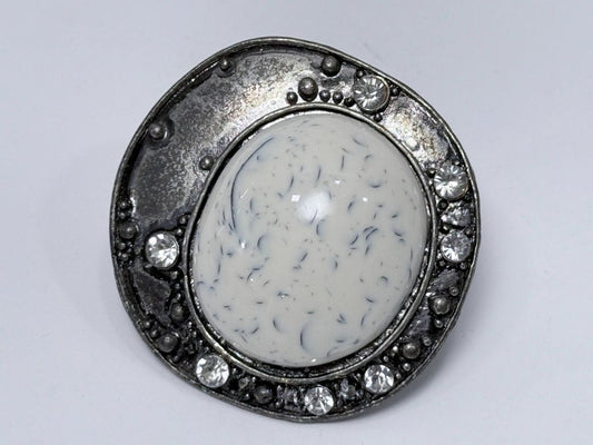 Oversized Brutalist Statement Ring Silver Tone Resin Cabochon Cocktail Jewelry 1970s