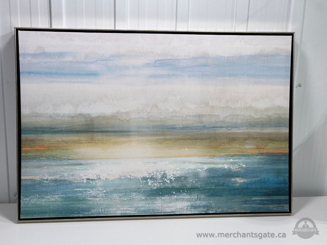Large Abstract Canvas Wall Art Framed Landscape Painting Blue Green 37" x 25"
