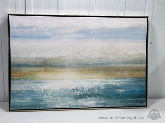 Large Abstract Canvas Wall Art Framed Landscape Painting Blue Green 37" x 25"