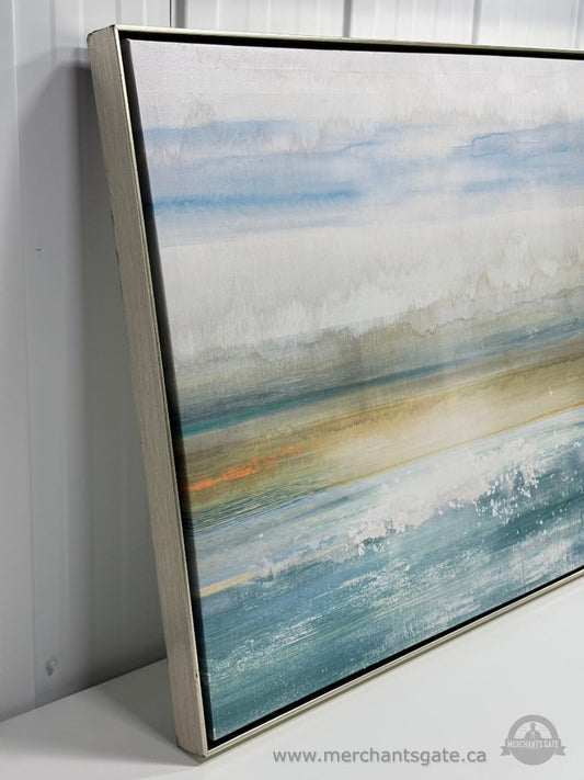 Large Abstract Canvas Wall Art Framed Landscape Painting Blue Green 37" x 25"