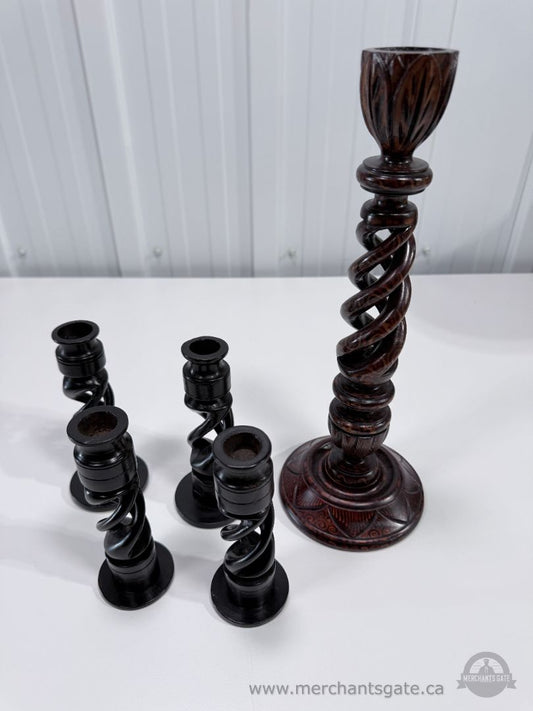 Carved Wood Candle Holders Set Twisted Barley Style Large and Small Vintage Decor