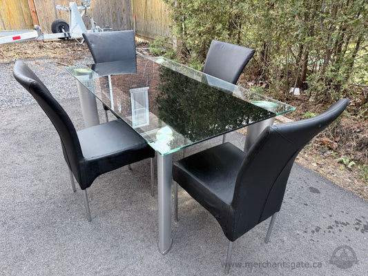 Glass Dining Table Set 4 Chairs Modern Black Leather Aluminum Base