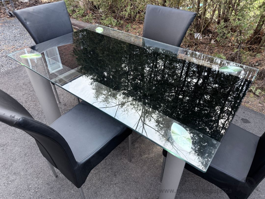 Glass Dining Table Set 4 Chairs Modern Black Leather Aluminum Base