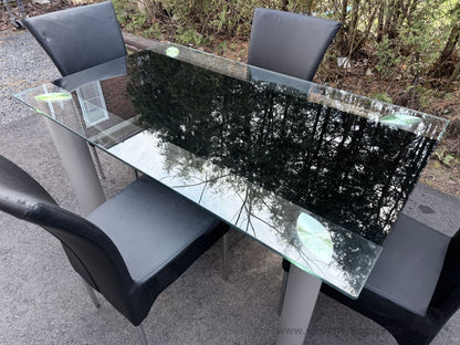 Glass Dining Table Set 4 Chairs Modern Black Leather Aluminum Base