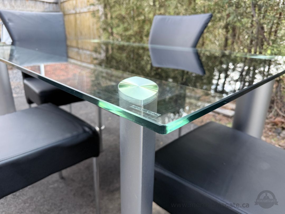 Glass Dining Table Set 4 Chairs Modern Black Leather Aluminum Base