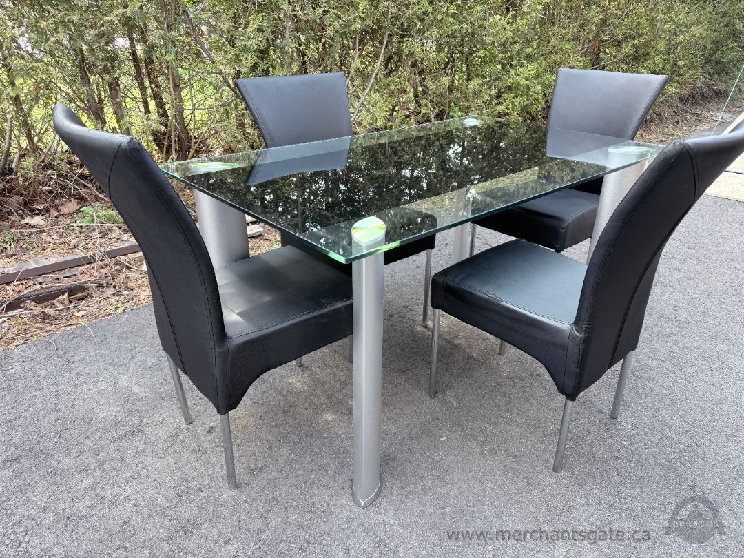 Glass Dining Table Set 4 Chairs Modern Black Leather Aluminum Base