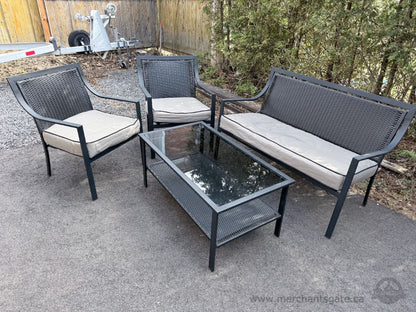 Patio Conversation Set Wicker + Metal Frame Sofa Chairs Glass Table