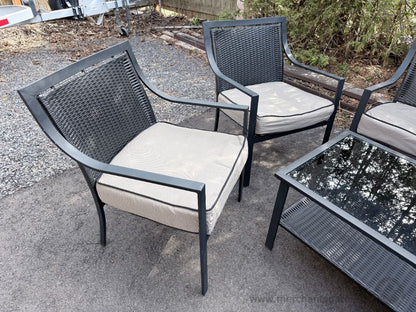 Patio Conversation Set Wicker + Metal Frame Sofa Chairs Glass Table