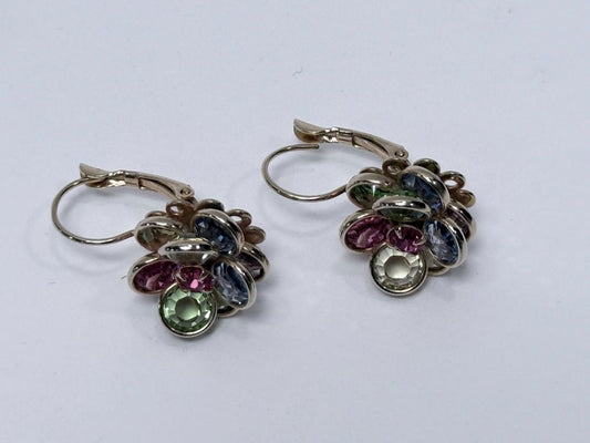 Colorful Flower Drop Earrings Multicolor Glass Rhinestones Lever Back Gold Tone Jewelry