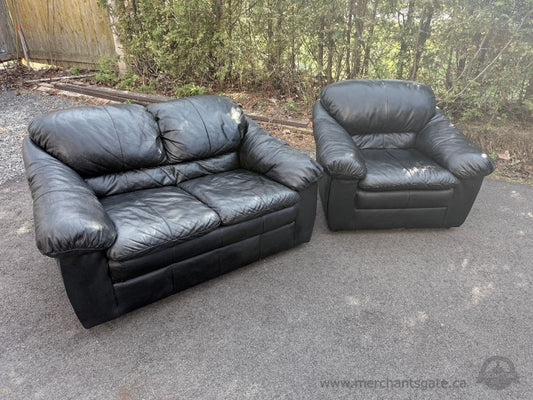 Black Leather Loveseat and Armchair Set Plush Cushions Deep Seating Sofa Chair Combo