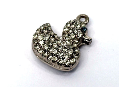 Mini Rhinestone Duck Pendant Silver Tone Charm Tiny Animal Jewelry Accent For Necklace or Braceletelry