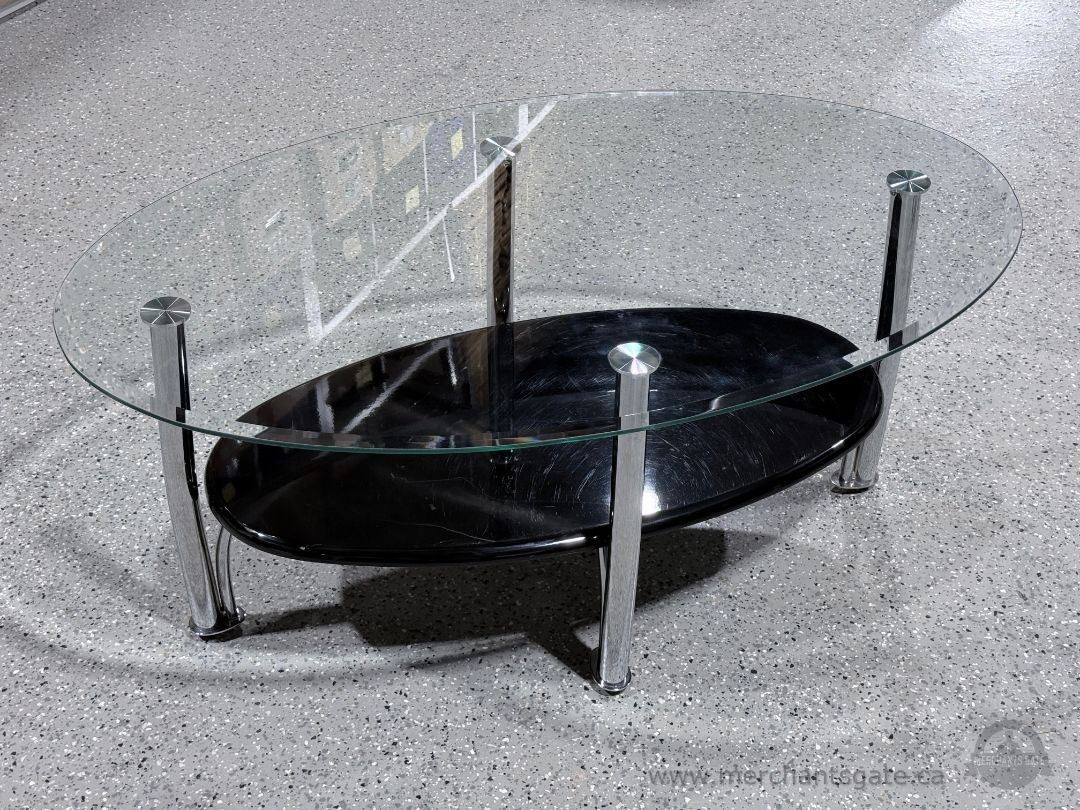 Modern Glass Coffee Table Oval Chrome Legs Black Lower Shelf 2 Tier Living Room