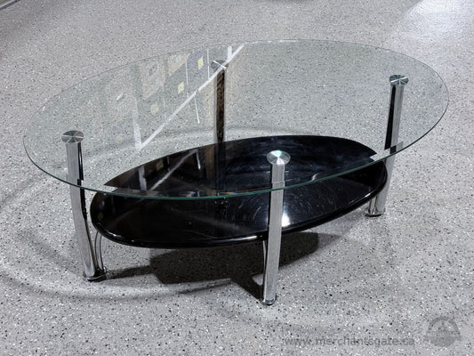 Modern Glass Coffee Table Oval Chrome Legs Black Lower Shelf 2 Tier Living Room