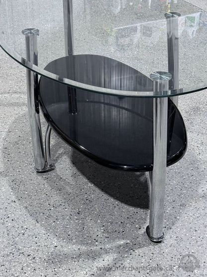 Modern Glass Coffee Table Oval Chrome Legs Black Lower Shelf 2 Tier Living Room